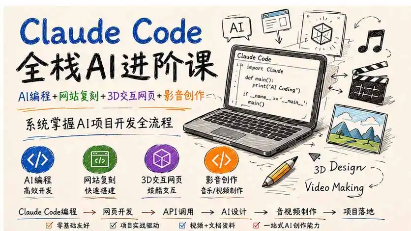 Claude Code全栈AI进阶课-更新；AI编程+网站复刻+3D交互网页+影音创作，系统掌握AI项目开发全流程-小创项目网