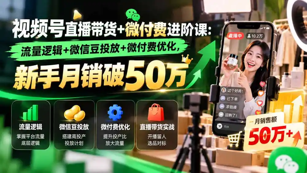 视频号直播带货+微付费进阶课-更新1010：流量逻辑+微信豆投放+微付费优化，新手月销破50万-小创项目网