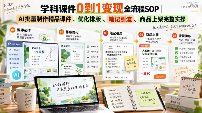 学科课件0到1变现全流程SOP｜AI批量制作精品课件、优化排版、笔记引流、商品上架完整实操-小创项目网