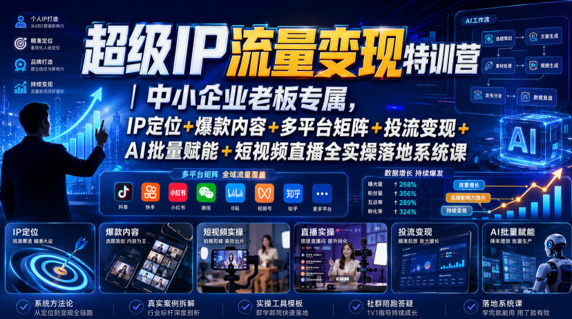 超级IP流量变现特训营｜中小企业老板专属，IP定位+爆款内容+多平台矩阵+投流变现+AI批量赋能+短视频直播全实操落地系统课-小创项目网