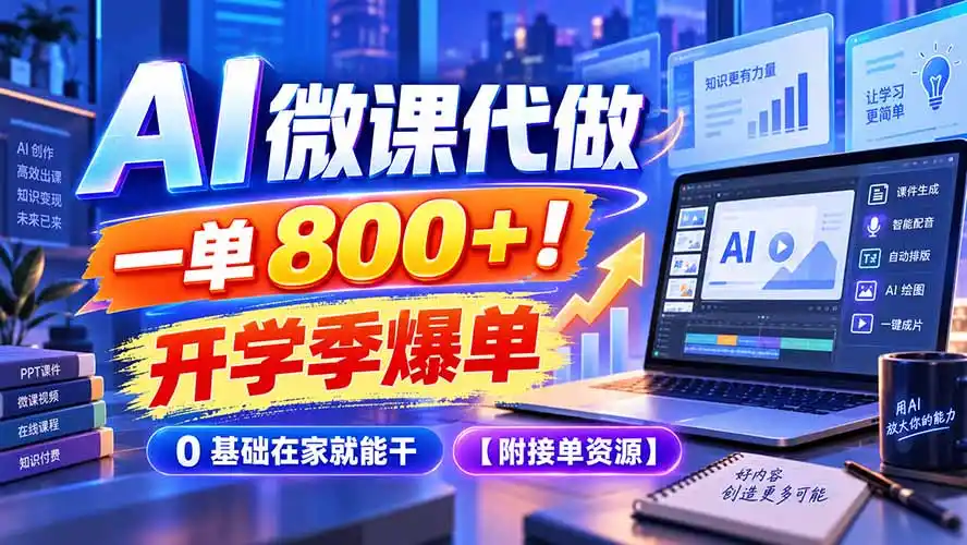 AI 微课代做，一单 800+！开学季爆单，0 基础在家就能干【附接单资源】-小创项目网