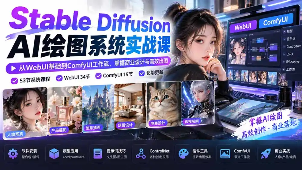 【无水印】Stable Diffusion AI绘图系统实战课：从WebUI基础到ComfyUI工作流，掌握商业设计与高效出图-小创项目网