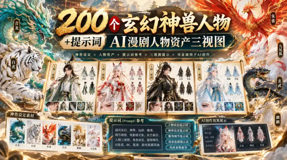 200个玄幻神兽人物+提示词ai漫剧人物资产三视图-小创项目网