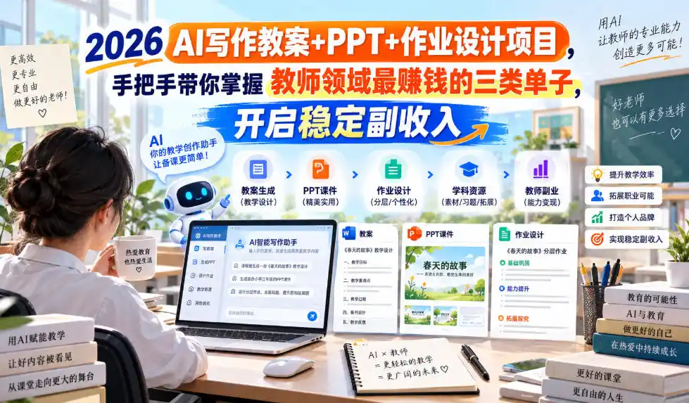 2026 AI写作教案+PPT+作业设计项目，手把手带你掌握教师领域最賺钱的三类单子，开启稳定副收入-小创项目网