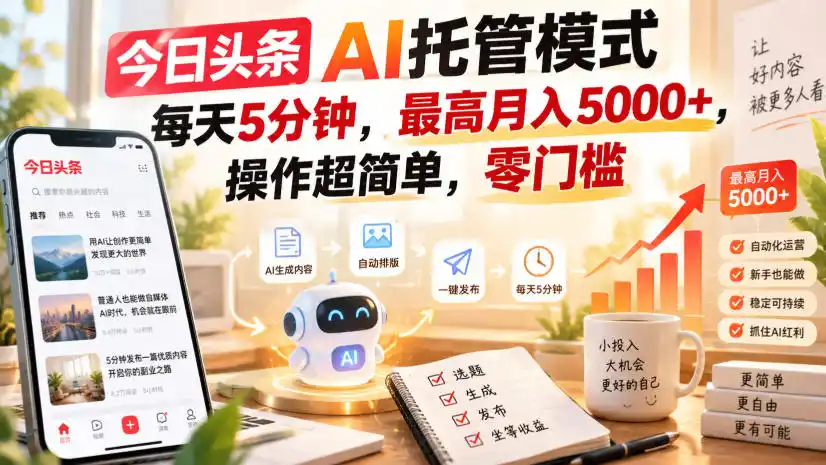 今日头条AI托管模式，每天5分钟，最高月入5000+，操作超简单，零门槛【揭秘】-小创项目网