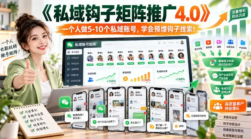 【无水印】《私域钩子矩阵推广4.0》一个人做5-10个私域账号，学会预埋钩子线索！-小创项目网