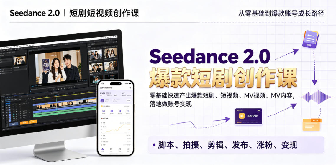 Seedance 2.0短剧短视频创作课，零基础快速产出爆款短剧、短视频、MV内容，落地做账号实现变现-小创项目网
