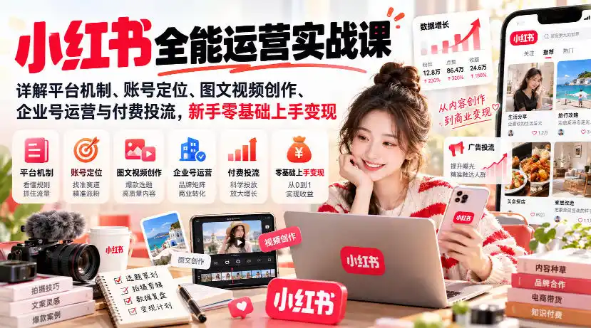 小红书全能运营实战课，详解平台机制、账号定位、图文视频创作、企业号运营与付费投流，新手零基础上手变现-小创项目网