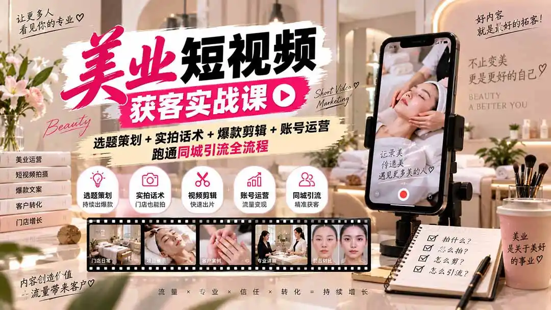 美业短视频获客实战课-无水印：选题策划+实拍话术+爆款剪辑+账号运营，跑通同城引流全流程-小创项目网