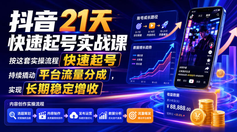 抖音21天快速起号实战课，按这套实操流程快速起号，持续撬动平台流量分成，实现长期稳定增收-小创项目网