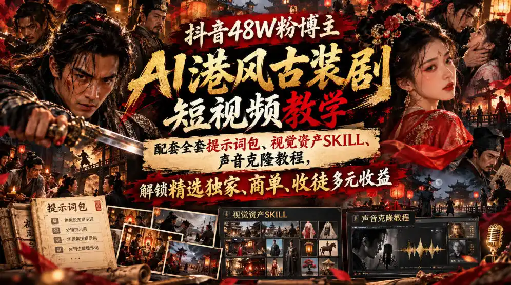 抖音48W粉博主AI港风古装剧短视频教学，配套全套提示词包、视觉资产SKILL、声音克隆教程，解锁精选独家、商单、收徒多元收益-小创项目网