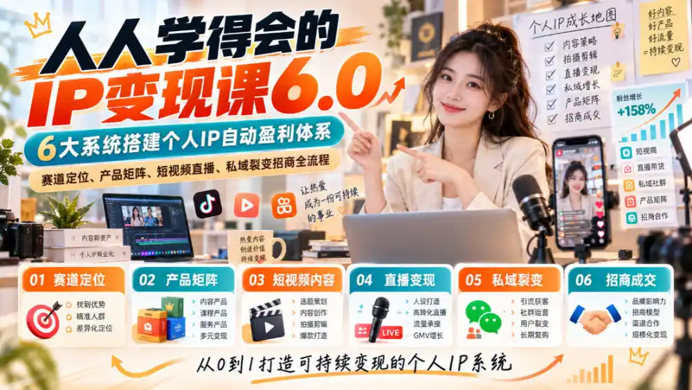 人人学得会的IP变现课6.0，6大系统搭建个人IP自动盈利体系，赛道定位、产品矩阵、短视频直播、私域裂变招商全流程-小创项目网