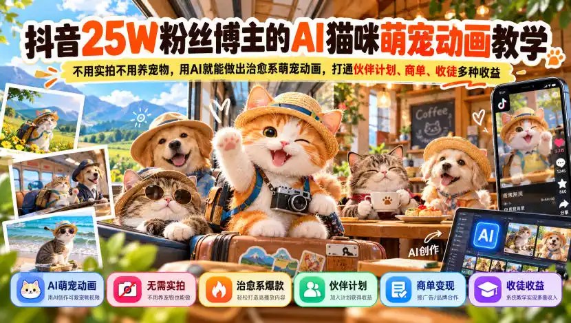 抖音25W粉丝博主的AI猫咪萌宠动画教学，不用实拍不用养宠物，用AI就能做出治愈系萌宠动画，打通伙伴计划、商单、收徒多种收益-小创项目网