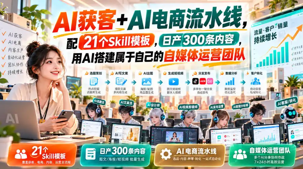AI获客+AI电商流水线，配21个Skill模板，日产300条内容，用AI搭建属于自己的自媒体运营团队-小创项目网
