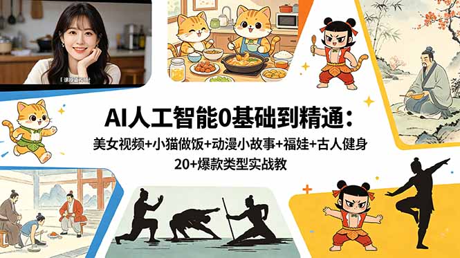 AI人工智能0基础到精通：美女视频+小猫做饭+动漫小故事+福娃+古人健身，20+爆款类型实战教学-小创项目网