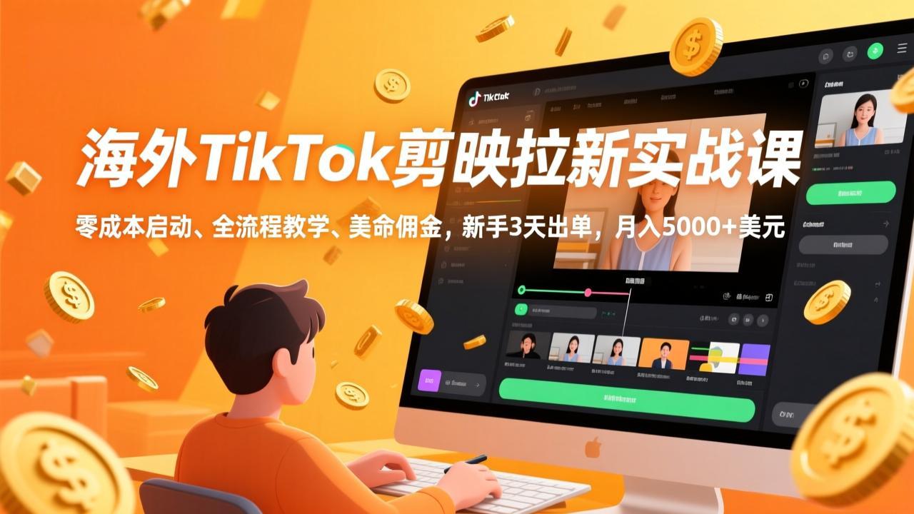 海外TikTok剪映拉新实战课，零成本启动、全流程教学、美金佣金，新手3天出单，月入5000+美元-小创项目网