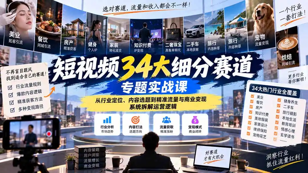短视频34大细分赛道专题实战课：从行业定位、内容选题到精准流量与商业变现，系统拆解运营逻辑-小创项目网