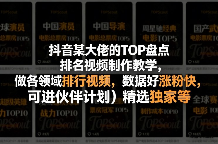 抖音某大佬的TOP盘点排名视频制作，做各领域排行视频，数据好涨粉快，可进伙伴计划＋精选独家等-小创项目网