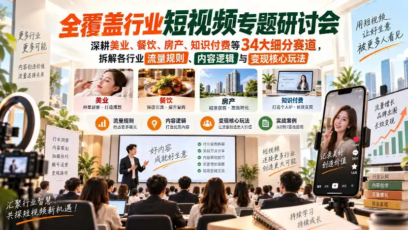 短视频专题研讨会，深耕美业、餐饮、房产、知识付费等34大细分赛道，拆解各行业流量规则、内容逻辑与变现核心玩法-小创项目网