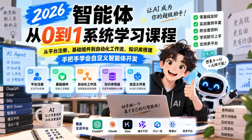 2026智能体从0到1系统学习课程，从平台注册、基础组件到自动化工作流、知识库搭建，手把手学会自定义智能体开发-小创项目网