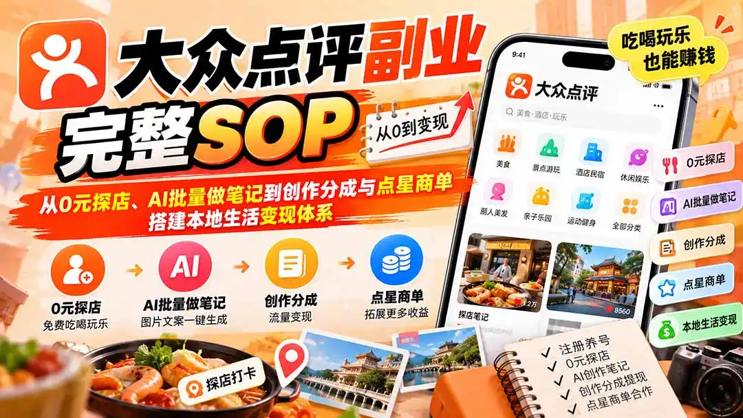 【无水印】大众点评副业完整SOP：从0元探店、AI批量做笔记到创作分成与点星商单，搭建本地生活变现体系-小创项目网
