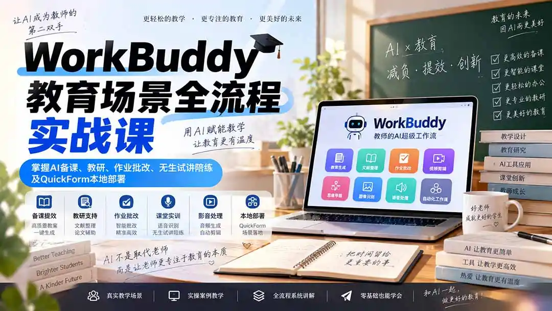 WorkBuddy教育场景全流程实战课：掌握AI备课、教研、作业批改、无生试讲陪练及QuickForm本地部署-小创项目网