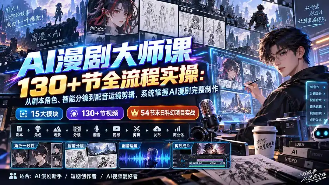 AI漫剧大师课130+节全流程实操：从剧本角色、智能分镜到配音运镜剪辑，系统掌握AI漫剧完整制作-小创项目网