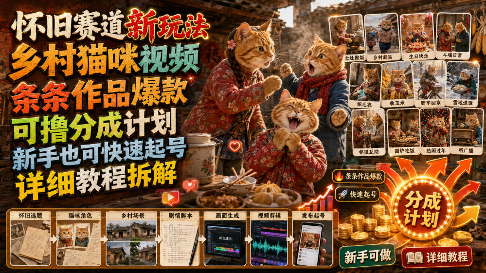 怀旧赛道新玩法，乡村猫咪视频，条条作品爆款，可撸分成计划，新手也可快速起号，详细教程拆解-小创项目网