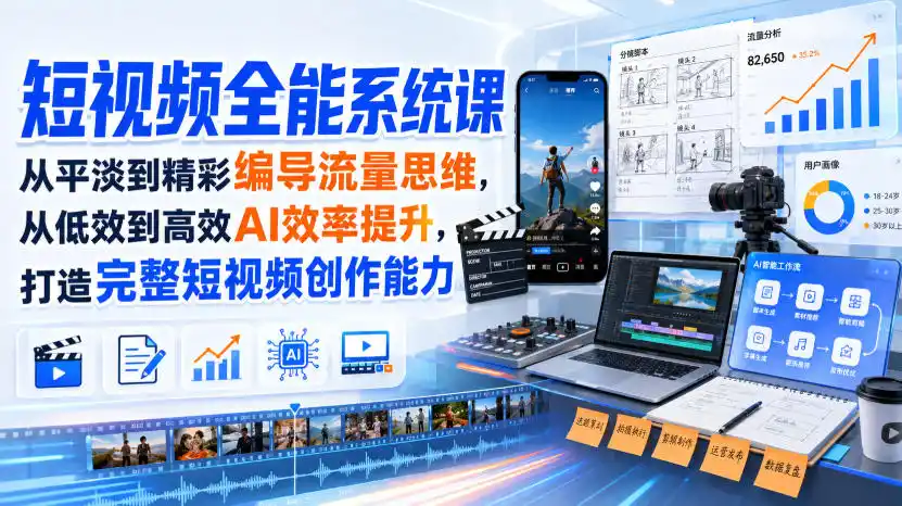 短视频全能系统课，从平淡到精彩编导流量思维，从低效到高效AI效率提升，打造完整短视频创作能力(完整版)-小创项目网
