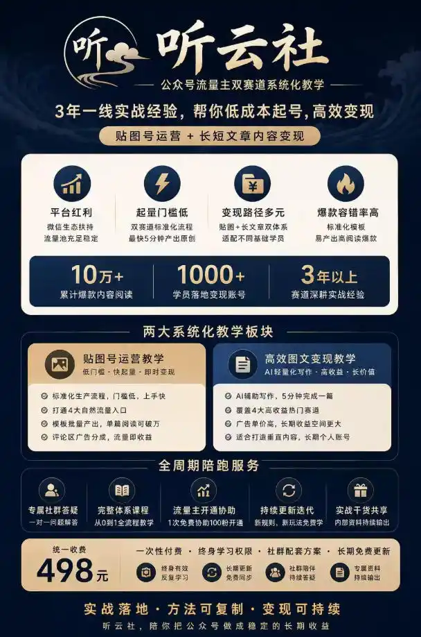 听云社公众号流量主双赛道系统化教学，3年一线实战经验，帮你低成本起号，高效变现，贴图号运营+长短文章内容变现-小创项目网