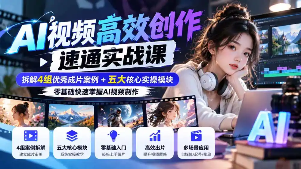 【无水印】AI视频高效创作速通实战课：拆解4组优秀成片案例+五大核心实操模块，零基础快速掌握AI视频制作-小创项目网
