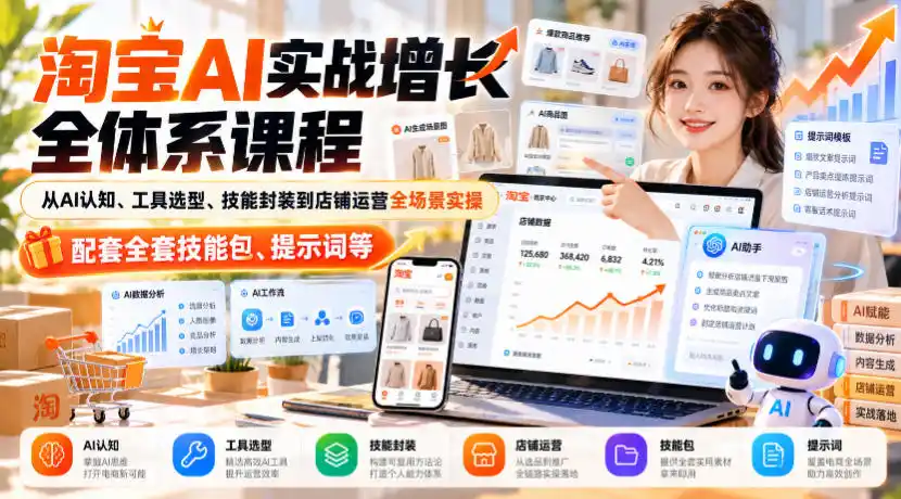 淘宝AI实战增长全体系课程，从AI认知、工具选型、技能封装到店铺运营全场景实操，配套全套技能包、提示词等-小创项目网