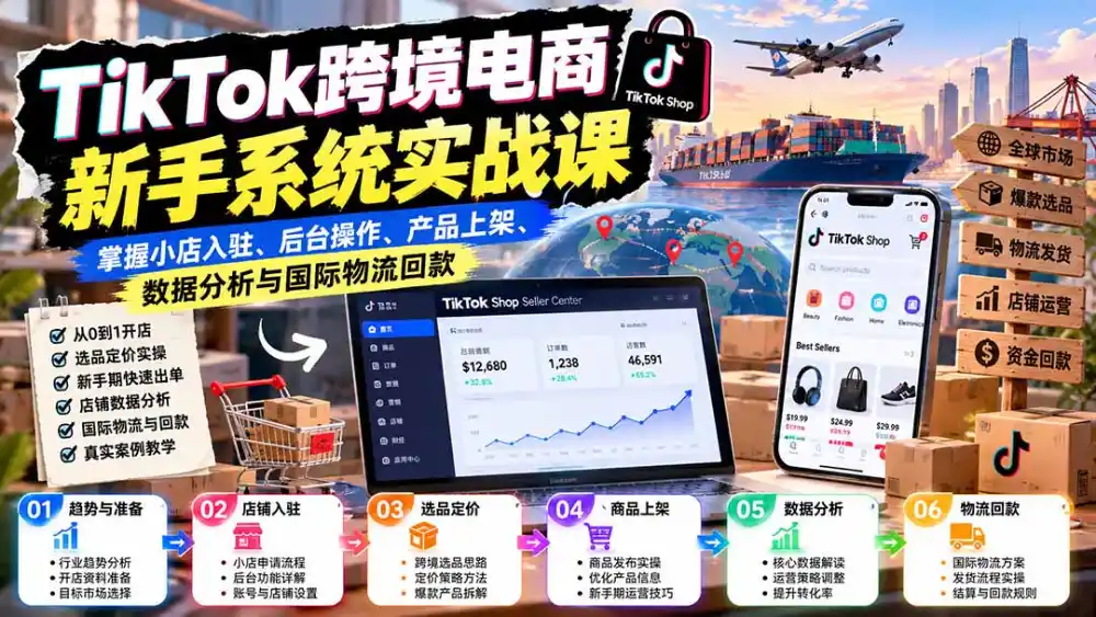 TikTok跨境电商新手系统实战课：掌握小店入驻、后台操作、产品上架、数据分析与国际物流回款-小创项目网