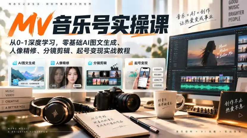 AI MV音乐号实操课，从0-1深度学习，零基础AI图文生成、人像精修、分镜剪辑、起号变现实战教程-小创项目网