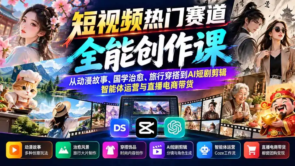 短视频热门赛道全能创作课：从动漫故事、国学治愈、旅行穿搭到AI短剧剪辑、智能体运营与直播电商带货-小创项目网
