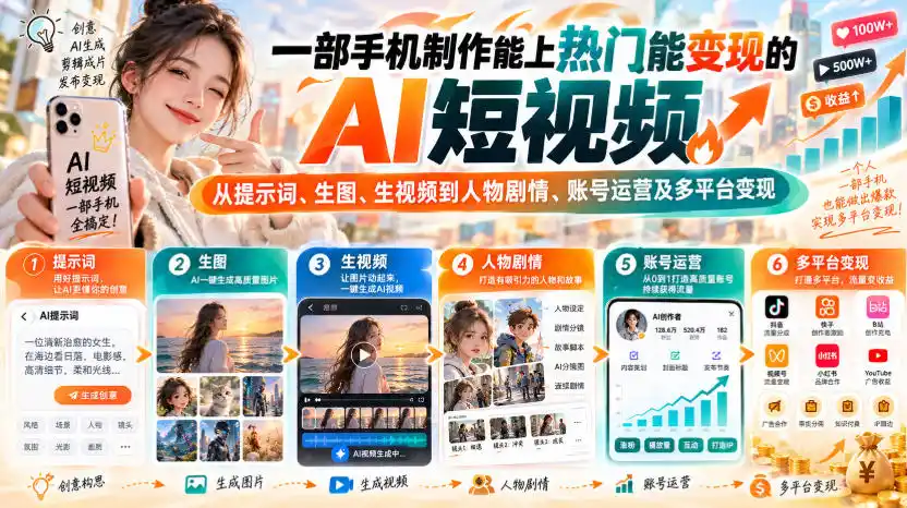 【无水印】一部手机制作能上热门能变现的AI短视频，从提示词、生图、生视频到人物剧情、账号运营及多平台变现-小创项目网