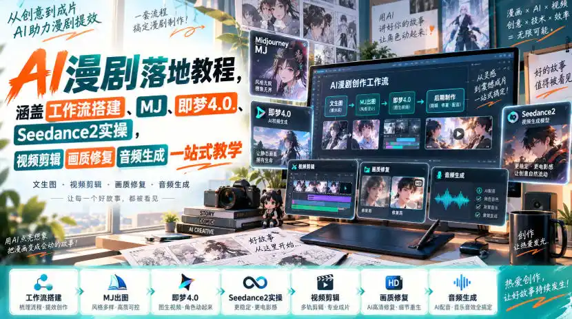 AI漫剧落地教程，涵盖工作流搭建、MJ、即梦4.0、Seedance2实操，视频剪辑画质修复音频生成一站式教学-小创项目网