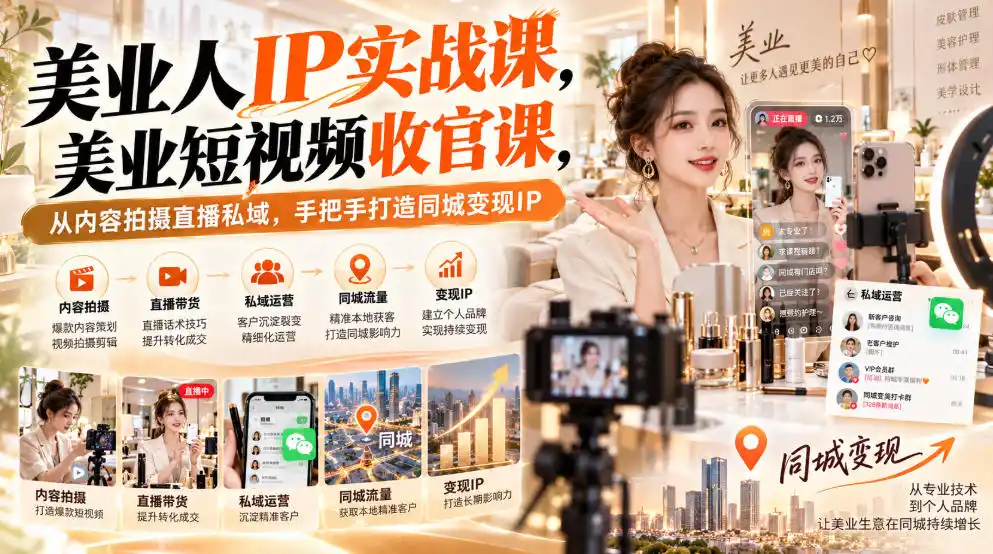 【无水印】美业人IP实战课，美业短视频收官课，从内容拍摄直播私域，手把手打造同城变现IP-小创项目网