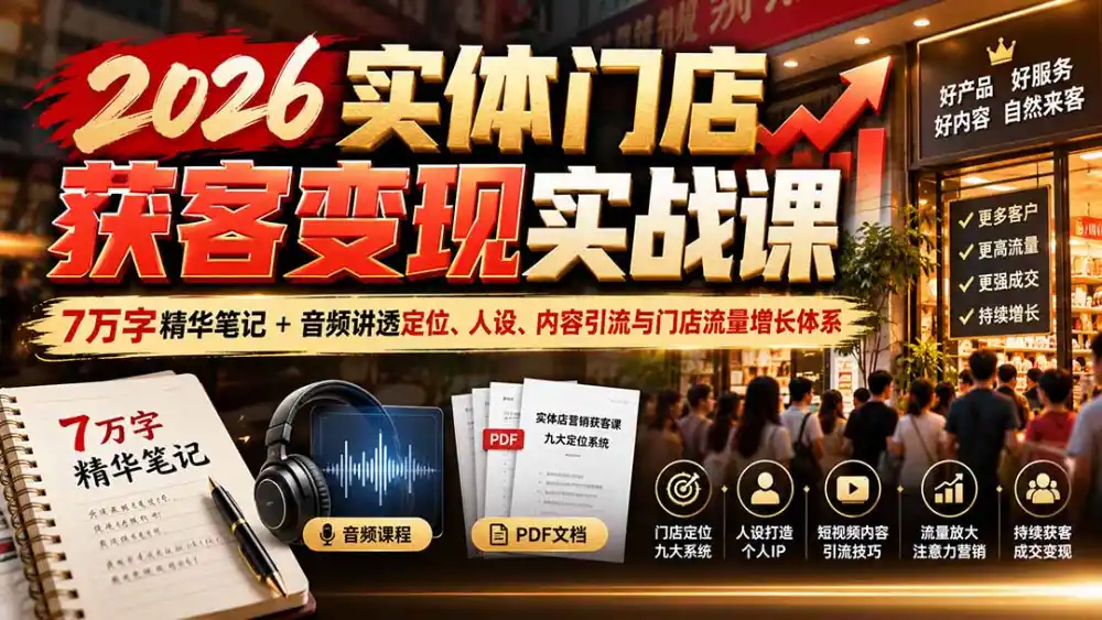 2026实体门店获客变现实战课：7万字精华笔记+音频讲透定位、人设、内容引流与门店流量增长体系-小创项目网