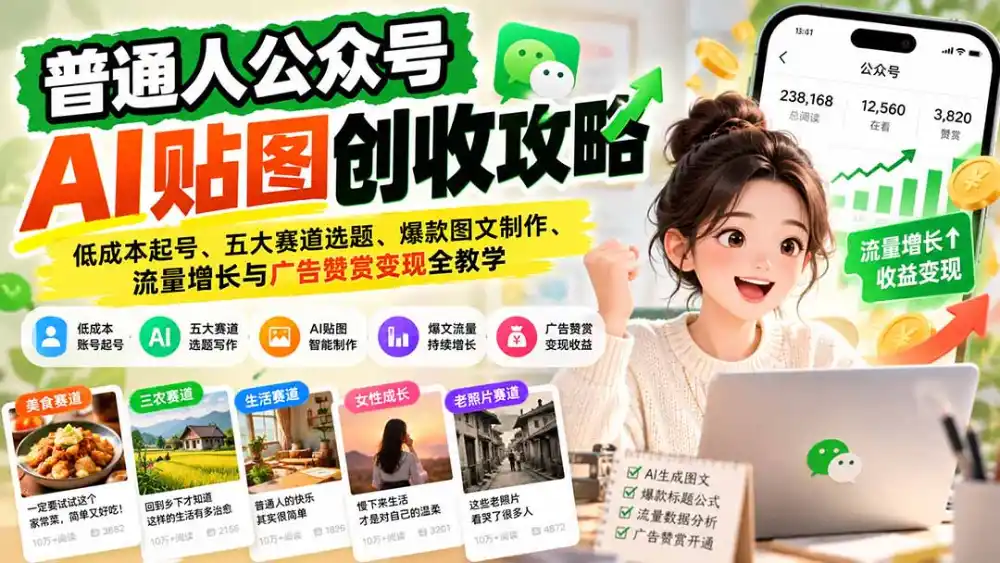 普通人公众号AI贴图创收攻略：低成本起号、五大赛道选题、爆款图文制作、流量增长与广告赞赏变现全教学-小创项目网