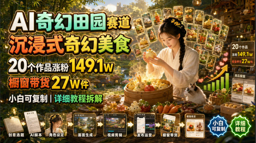 AI奇幻田园赛道，沉浸式奇幻美食，20个作品涨粉149.1W，橱窗带货27W件，小白可复制，详细教程拆解-小创项目网