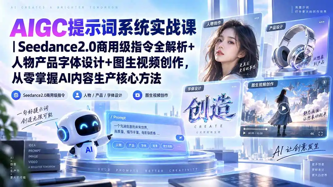 AIGC提示词系统实战课-无水印｜Seedance2.0商用级指令全解析+人物产品字体设计+图生视频创作，掌握AI内容生产方法-小创项目网