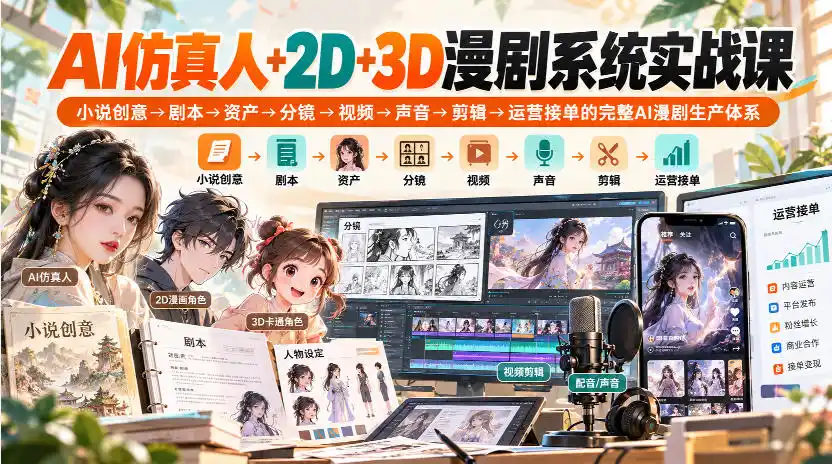 【无水印】AI仿真人+2D+3D漫剧系统实战课，小说创意→剧本→资产→分镜→视频→声音→剪辑→运营接单的完整AI漫剧生产体系-小创项目网