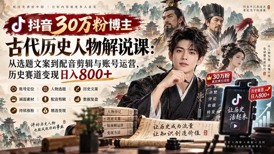 抖音30万粉博主古代历史人物解说课：从选题文案到配音剪辑与账号运营，历史赛道变现日入800+-小创项目网