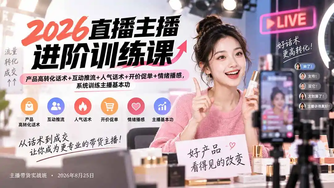 2026直播主播进阶训练课：产品高转化话术+互动推流+人气话术+开价促单+情绪播感，系统训练主播基本功-小创项目网