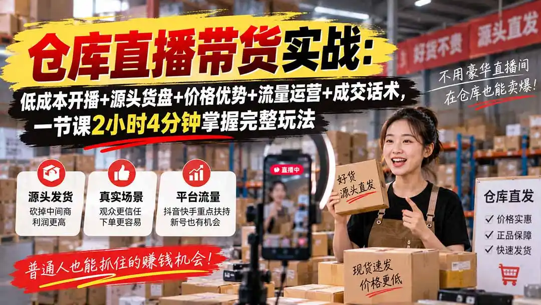 仓库直播带货实战：低成本开播+源头货盘+价格优势+流量运营+成交话术，一节课2小时4分钟掌握完整玩法-小创项目网