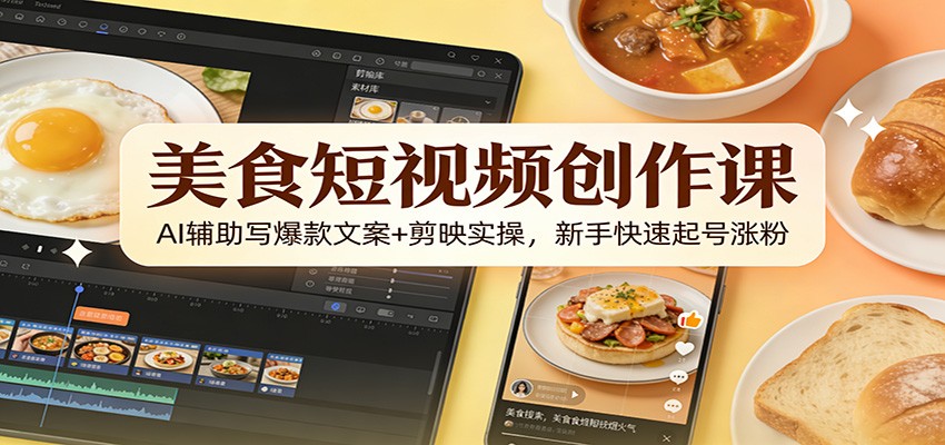 美食短视频创作课：AI辅助写爆款文案+剪映实操，新手快速起号涨粉-小创项目网