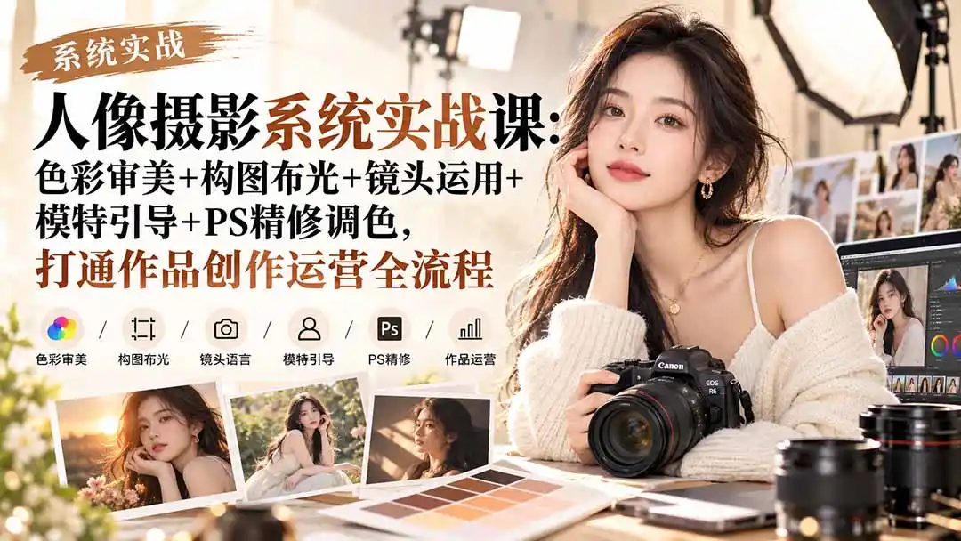 【无水印】人像摄影系统实战课：色彩审美+构图布光+镜头运用+模特引导+PS精修调色，打通作品创作运营全流程-小创项目网