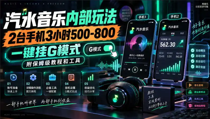 汽水音乐内部玩法，2台手机3小时500-800，一键挂G模式，附保姆级教程和工具【揭秘】-小创项目网