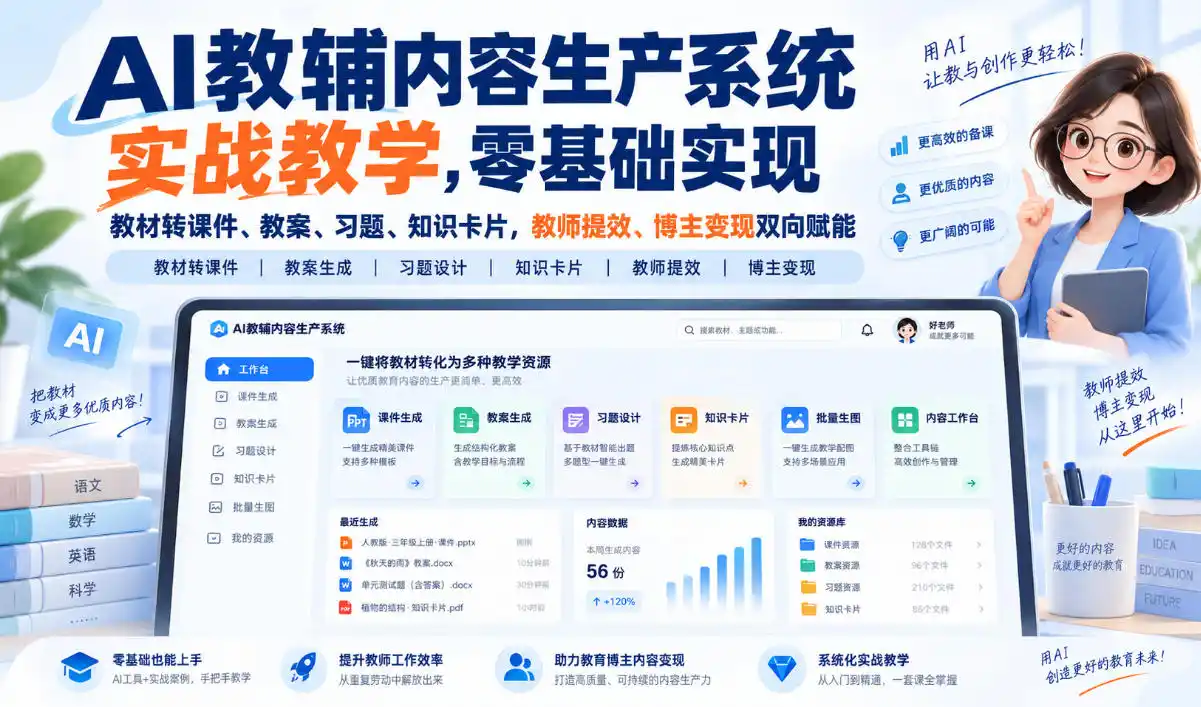 【无水印】AI教辅内容生产系统实战教学，零基础实现教材转课件、教案、习题、知识卡片，教师提效、博主变现双向赋能(更新0926)-小创项目网